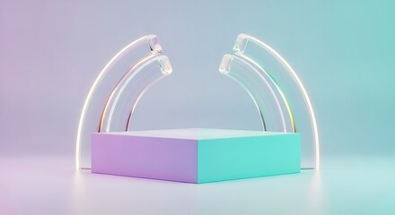 Modern futuristic display podium with soft pastel lighting and elegant arches for product presentation