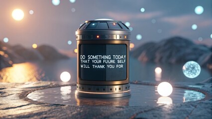 Future Self Gratitude Message - Inspirational quote displayed on a futuristic device in a serene landscape. Motivational message for growth and future planning