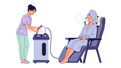 Skilled professional administers oxygen therapy to a relaxed patient seated in a comfortable chair with a towel on their head