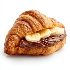 A delightful croissant sandwich filled with creamy chocolate spread and fresh banana slices. This delectable treat is a perfect snack or breakfast option.