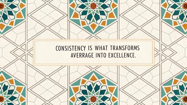 Geometric Precision: Consistency and Excellence - Repeating geometric patterns, beige background, motivational quote, teal and orange hues, achieving success - Powered by Adobe