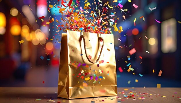 Golden shopping bag with confetti bursting out in festive setting, symbolizing celebration and surprise.