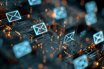 Modern glowing email icons floating on a futuristic network, symbolizing digital communication and connection in the online world, perfect for tech and business concepts