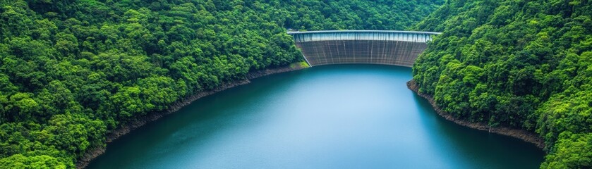 A serene landscape featuring a dam surrounded by lush green forests and a calm blue lake.