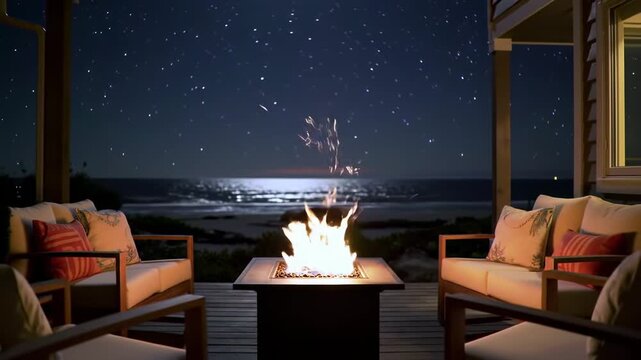 Cozy outdoor fire pit at night on the beach