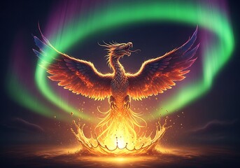 Obraz premium Mythical phoenix rising amidst swirling celestial auroral background