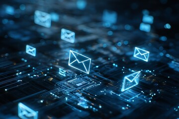 Modern digital email marketing concept with glowing envelope icons floating above a circuit board, representing seamless communication and data flow for innovative business solutions