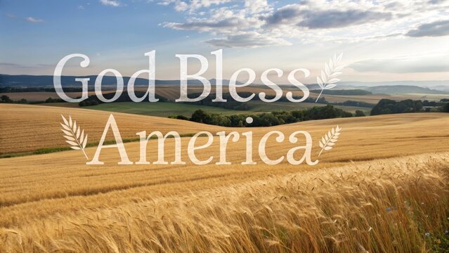 Golden Fields of America - Serene landscape of golden wheat fields under a bright sky, with the message "God Bless America" superimposed