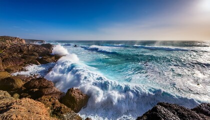 Fototapeta premium powerful turquoise ocean waves crashing against a rugged rocky coastline during a scenic sunlit day