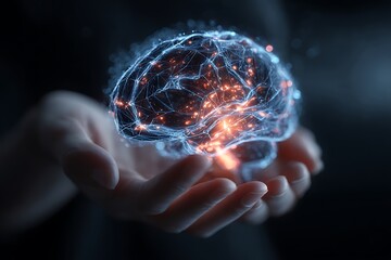 Stunning brain visualization held in caring hands embodies innovation, technology, and artificial intelligence, perfect for future thinking projects and groundbreaking discoveries