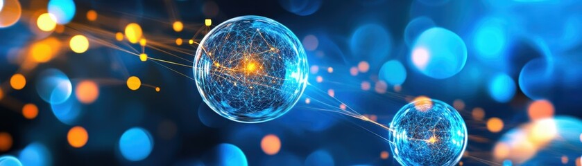 Fototapeta premium A vibrant digital illustration depicting interconnected spheres with glowing particles against a blue backdrop, suggesting a theme of technology and innovation.