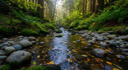 Obraz premium Serene Forest Stream Flowing Through Rocky Bed with Sunlight Filtering.