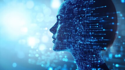 A digital silhouette of a human head, composed of glowing lines and particles, set against a blue backdrop, symbolizing technology and artificial intelligence.