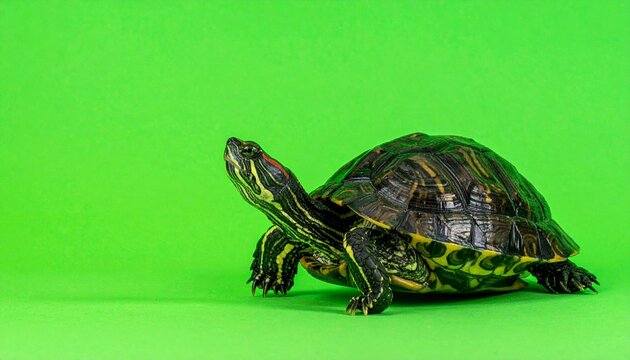 Turtle with striped skin and dark shell walking on bright green background, highlighting vivid contrast and motion.