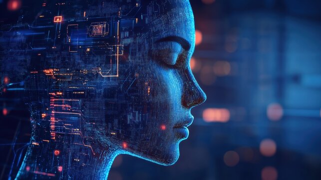 A digital profile of a human-like figure, blending technology and artistry with glowing circuitry against a dark background.