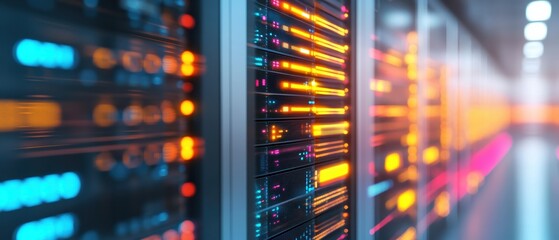 A close-up view of server racks illuminated by colorful lights, showcasing data center technology and modern computing infrastructure.