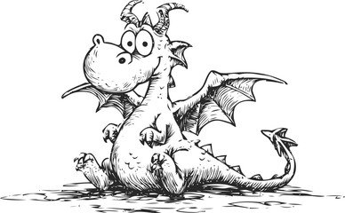 Naklejka premium Cute cartoon dragon sitting with wings in detailed black and white line art. Vector illustration
