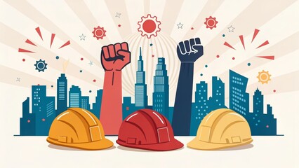 Labor Day Celebration Cityscape - Three hard hats sit before a city skyline and raised fists, symbolizing unity and labor achievements. A festive, celebratory design