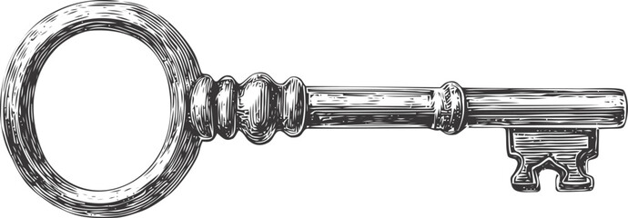 Vintage detailed illustration of an antique skeleton key, engraved design. Vector illustration