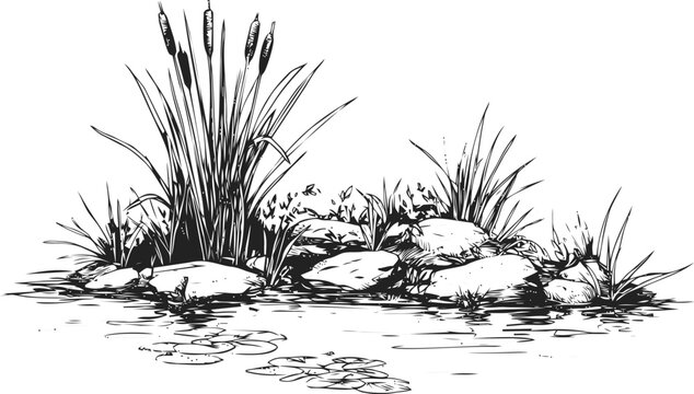 Black and white sketch of a tranquil pond with cattails and rocks, nature scene. Vector illustration