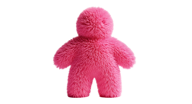 Pink Fuzzy Person Toy Figure Isolated on Black Background Cute and Soft Plush Character