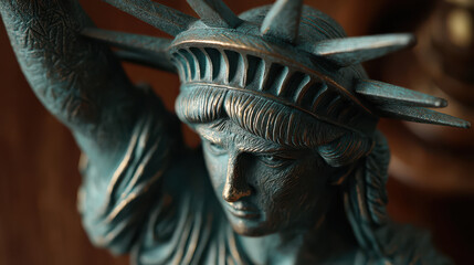Close-Up of Iconic Statue of Liberty with Detailed Facial Features and Patina Texture Signifying Freedom and Cultural Heritage