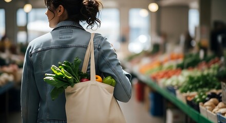 A woman shops at a farmers market with an eco tote bag filled with produce.