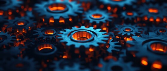 A close-up of metallic gears illuminated by an orange glow, showcasing intricate details and the interplay of light and texture.