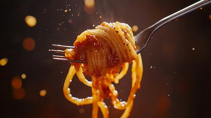 Close-up of spaghetti twirled on a fork with sauce
