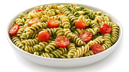 Fusilli pasta in pesto sauce with cherry tomatoes