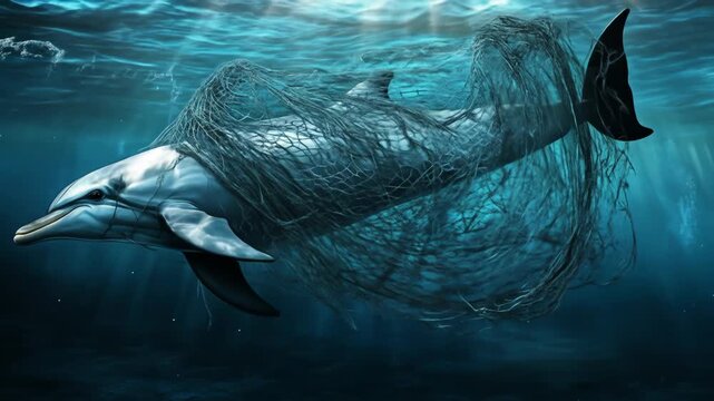 Dolphin trapped in discarded plastic fishing net.