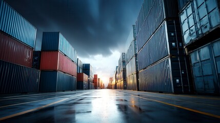 Dramatic shipping container yard at sunset with stormy sky and wet reflective ground in global logistics and freight transport industry