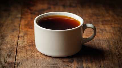 A cozy cup of fresh black coffee rests gently on a textured brown wooden surface, ready for a warm moment.