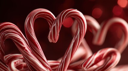 Two candy canes forming heart shape with multiple blurred canes in background on dark red bokeh background with warm light spots, Christmas romantic concept