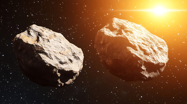 Two Asteroids Floating in Space with Sunlight Illumination