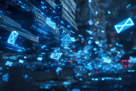 Explore the digital frontier with vibrant, futuristic emails floating in a cybernetic space, offering a dynamic, modern, and professional communication solution for your next tech project