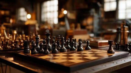 Elegant wooden chess board with black pieces arranged for game start in warm atmospheric vintage club setting with soft window light and blurred cozy background