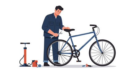 Obraz premium Man Repairing a Blue Bicycle with a Wrench and Pump.