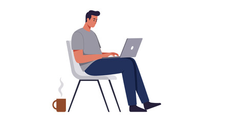 Man Working on Laptop with Coffee Cup Illustration.