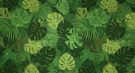 An abundant display of green monstera leaves and palm fronds creating a dense tropical foliage pattern
