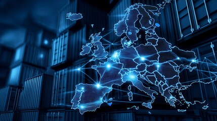 Advanced digital Europe map projection with glowing network connections against shipping container background in technology logistics center