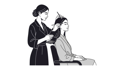 Stylist meticulously cuts and styles long dark hair of a seated client in a salon setting