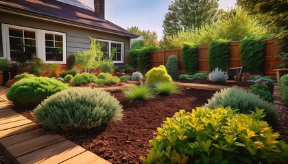 garden bed with fresh mulch and neatly trimmed bushes enhances outdoor space generative ai