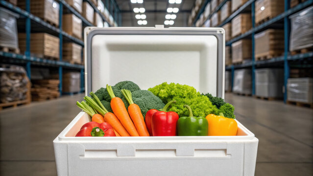 Fresh vegetables including broccoli, carrot, bell pepper and lettuce in foam box highlight global food supply in warehouse storage - Powered by Adobe