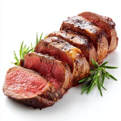 Juicy slices of grilled steak garnished with fresh rosemary. The steak is perfectly cooked, with a tender interior and a flavorful crust.