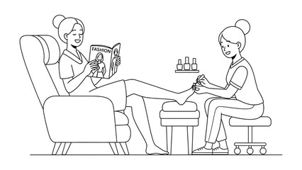 Relaxing pedicure session woman enjoys reading while technician attends to her feet