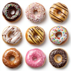 A collection of delectable donuts with varied toppings, a visual feast for those with a sweet tooth. It's a delightful display of culinary artistry