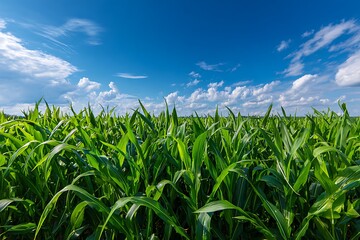 Obraz premium Vibrant green cornfield under a breathtaking blue sky with fluffy white clouds, perfect for showcasing agriculture, food production, and the beauty of nature on a sunny summer day