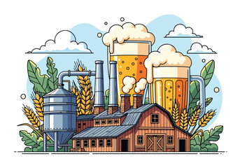 Cartoon illustration of a brewery with factory, silos, wheat, hops, and giant frothy beer mugs, symbolizing beer production, brewing tradition, Oktoberfest, and craft beer culture