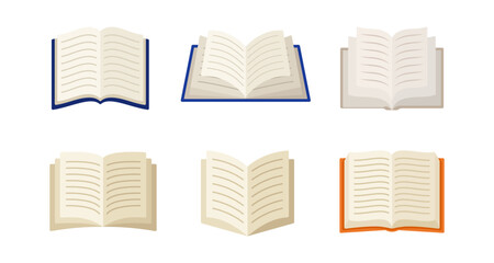 Open book icon set with diverse designs and colors